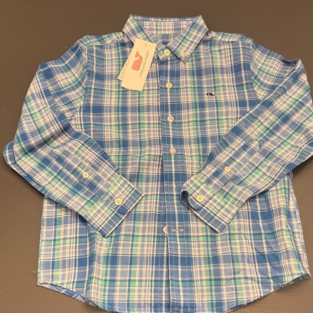 Vineyard Vines Blue and Green Plaid Shirt